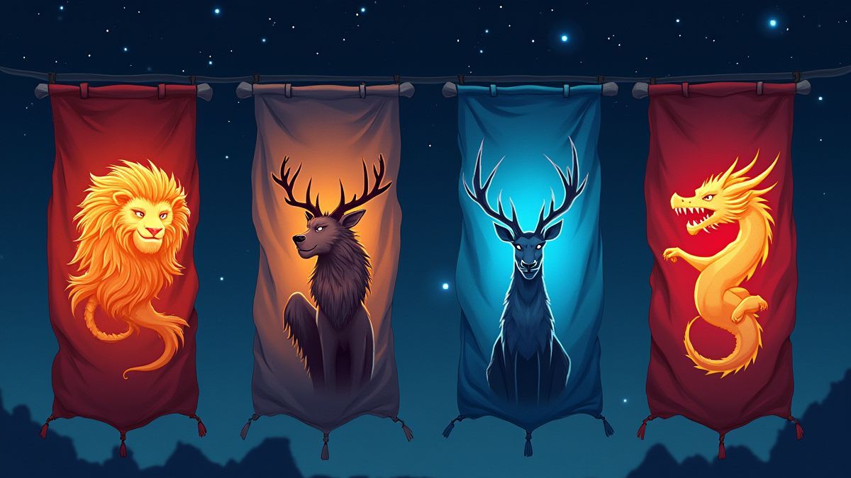 Bannières des maisons de Game Of Thrones avec des effets brillants sous une nuit étoilée.