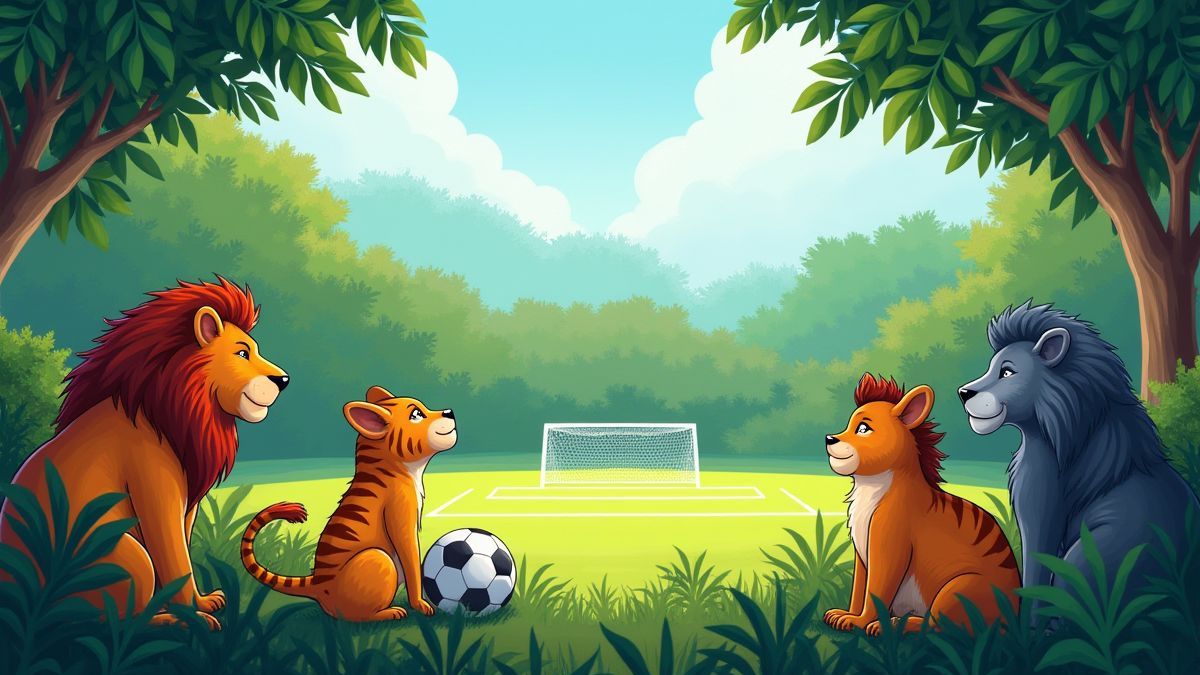 Animals in the jungle watching a football match