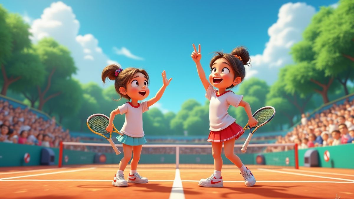 Jugadores de tenis animados celebrando en una cancha colorida.