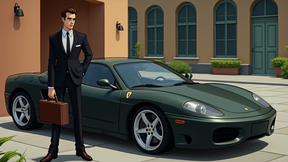 Um agente secreto com um maletín e um carro esportivo de luxo.