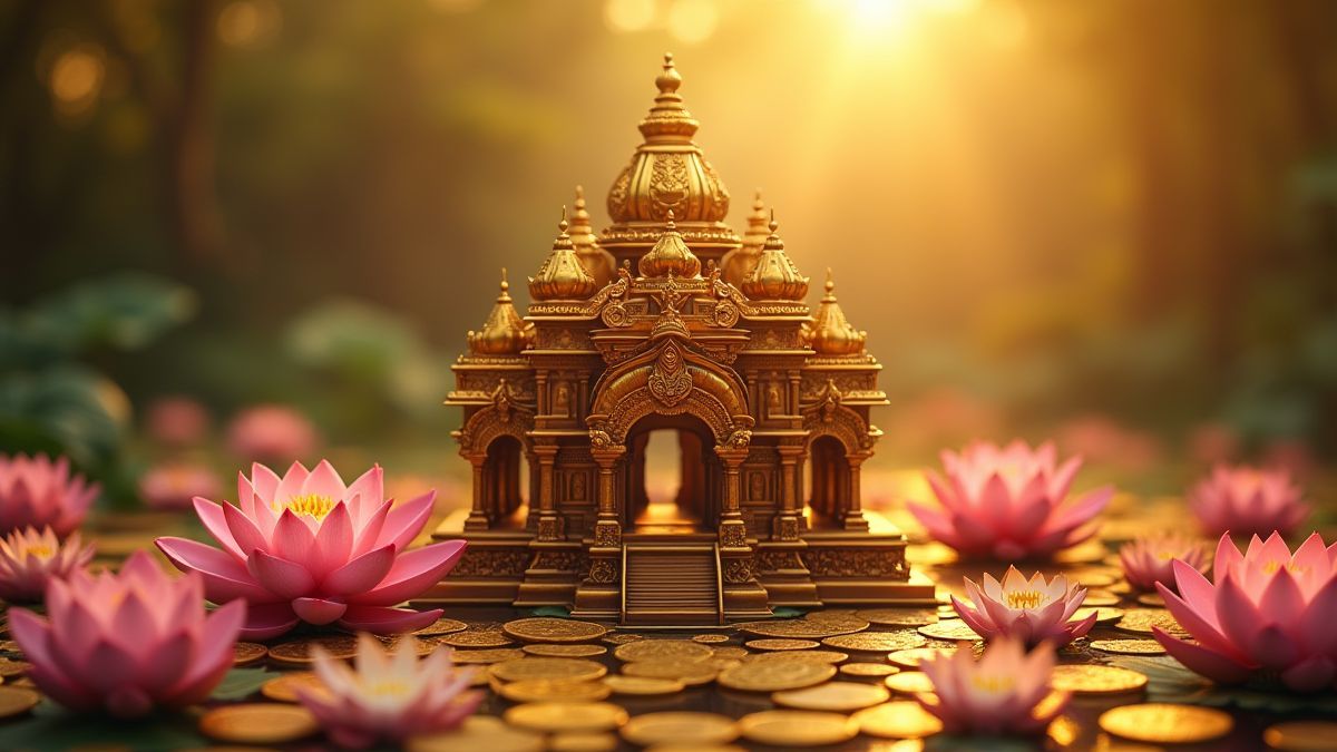 Un templo indio rodeado de monedas y flores de loto.