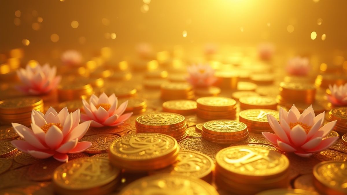 Monedas doradas cayendo junto a flores de loto.