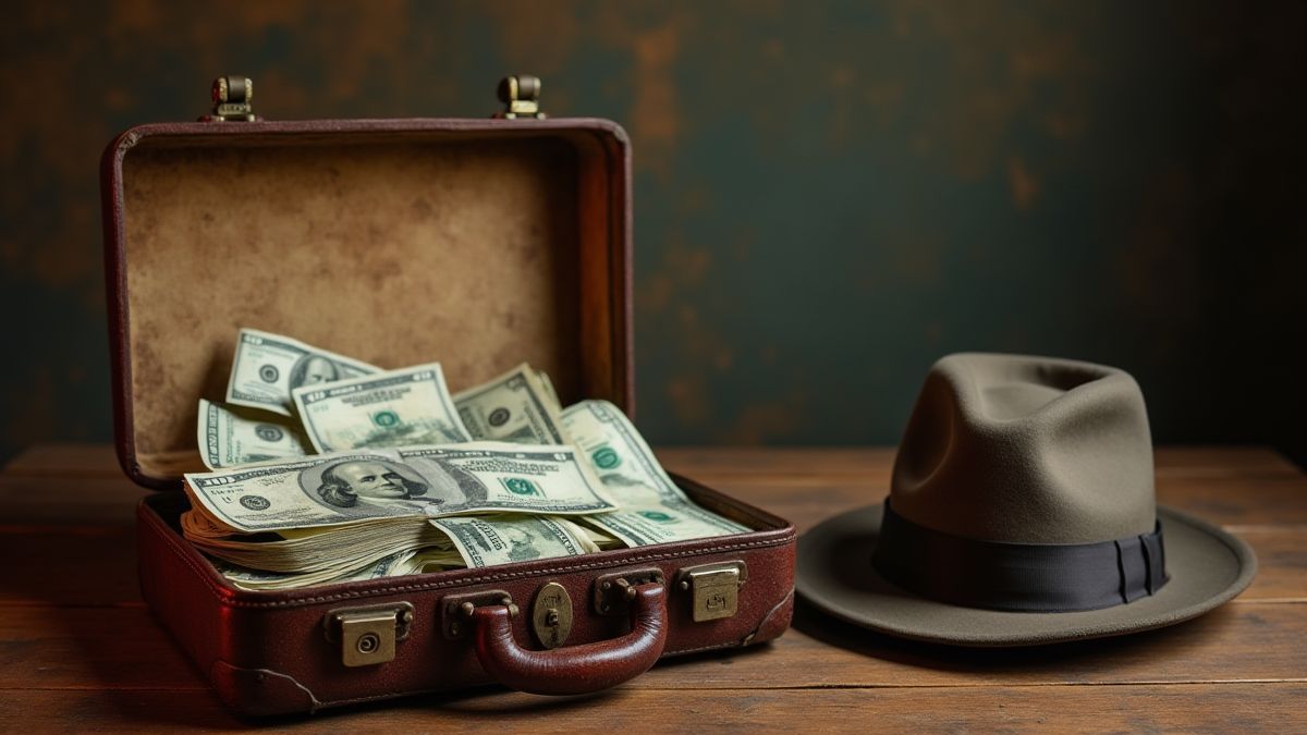 Koffer vol geld en vintage hoed.