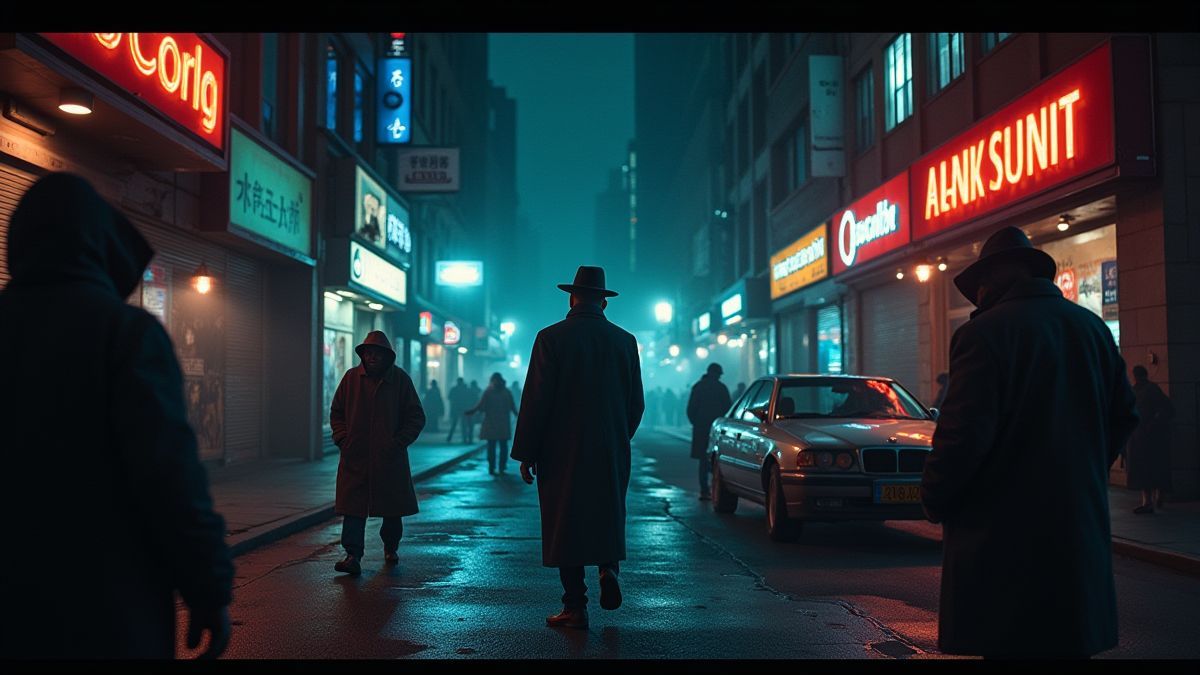 Ville urbaine nocturne avec des lumières néon et des silhouettes mystérieuses.