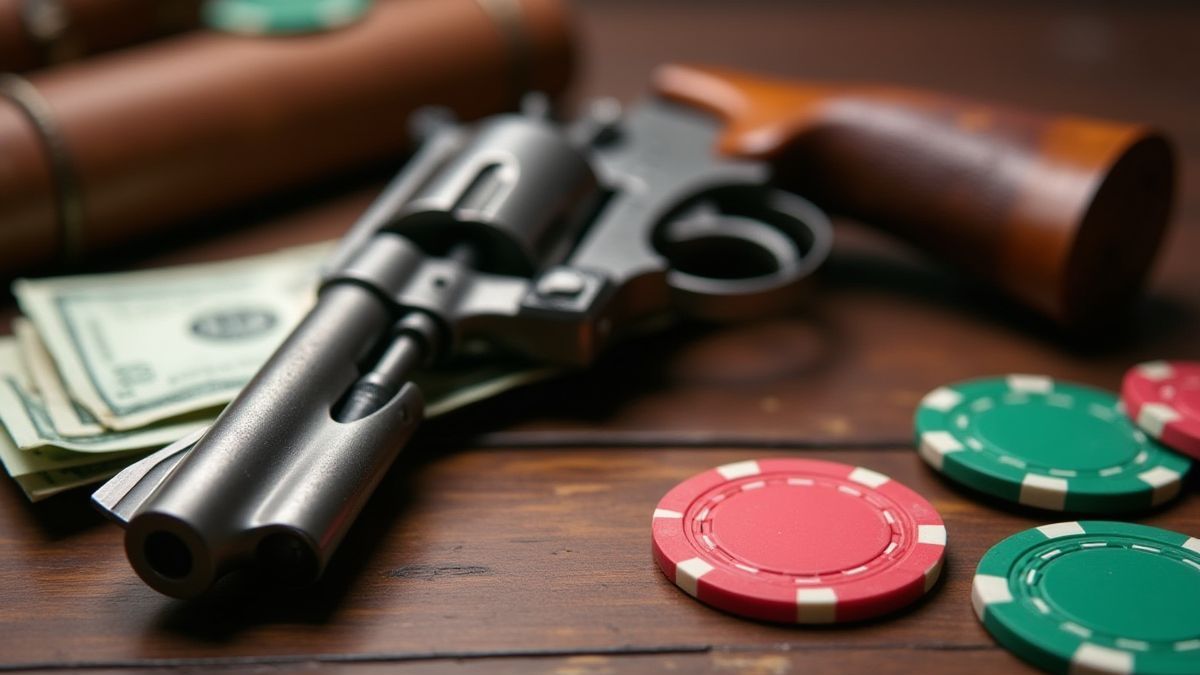 Détail d'argent, de jetons de poker et d'un revolver vintage sur une table en bois.