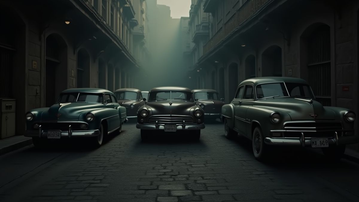 Coches vintage en un callejón oscuro con humo de fondo.