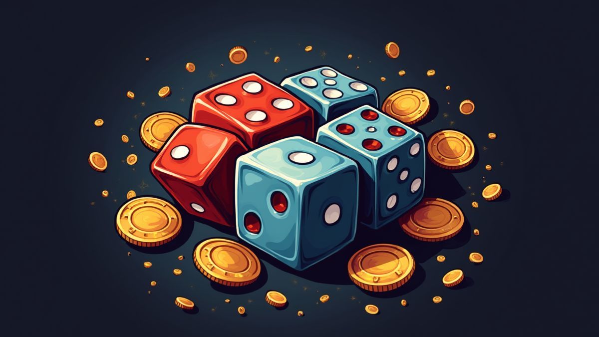 Logo retro de Soft Magic Dice con dados y monedas.