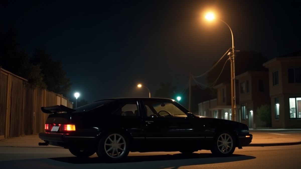 Ein Luxusauto, das nachts unter einer Straßenlaterne in einer mafia-inspirierten Umgebung geparkt ist.