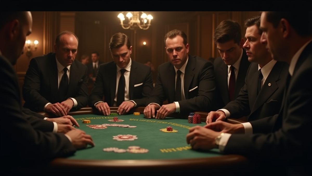 Ein Pokertisch umgeben von Mafiosi in eleganten Anzügen.