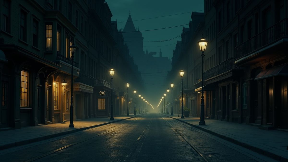 Straße der 20er Jahre mit schwachen Straßenlaternen und geheimnisvollen Schatten.