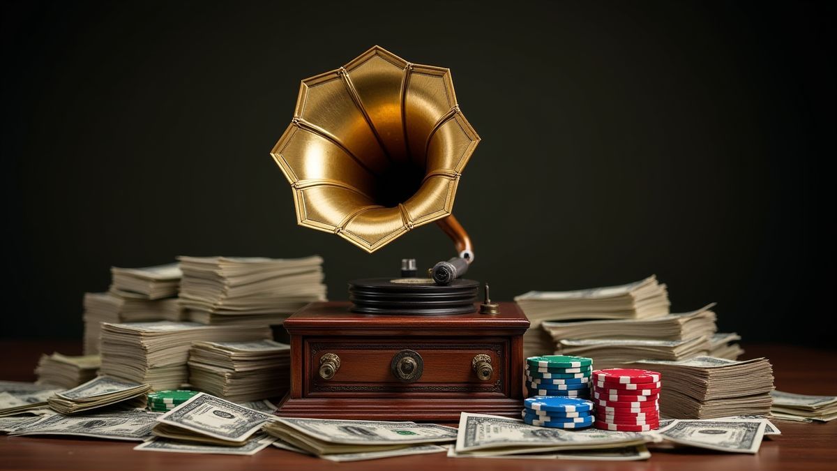 Vintage gramophone with money and poker chips.