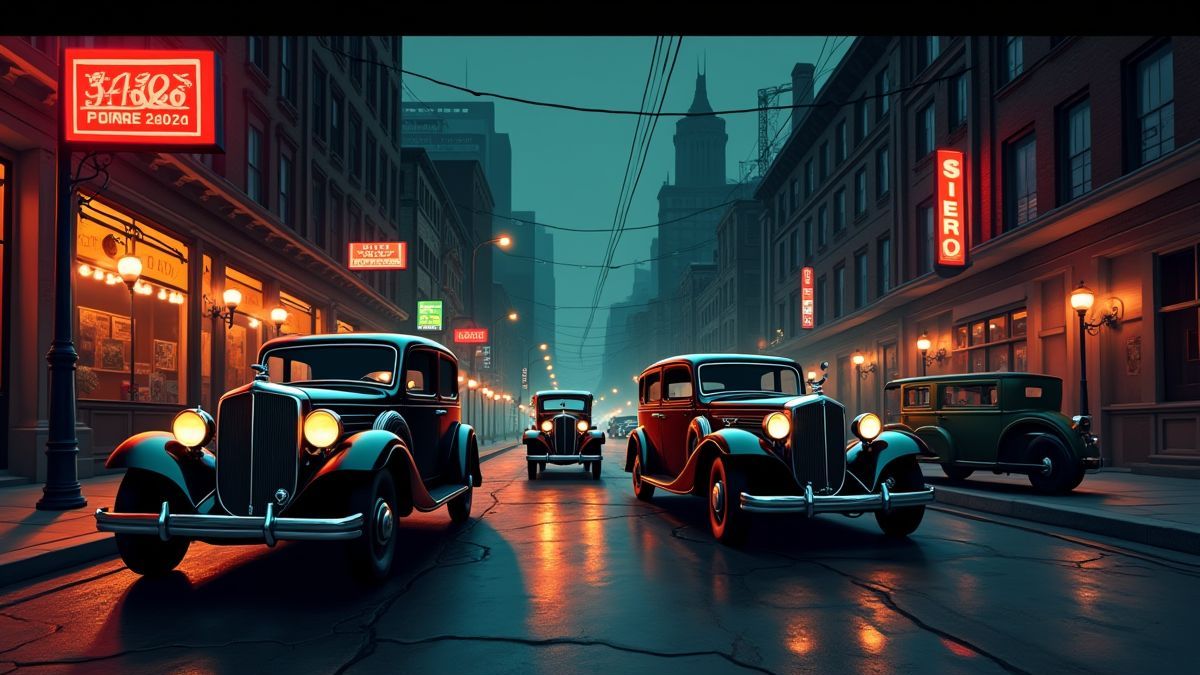 Cena de rua vintage dos anos 30 com carros clássicos e luzes de néon.