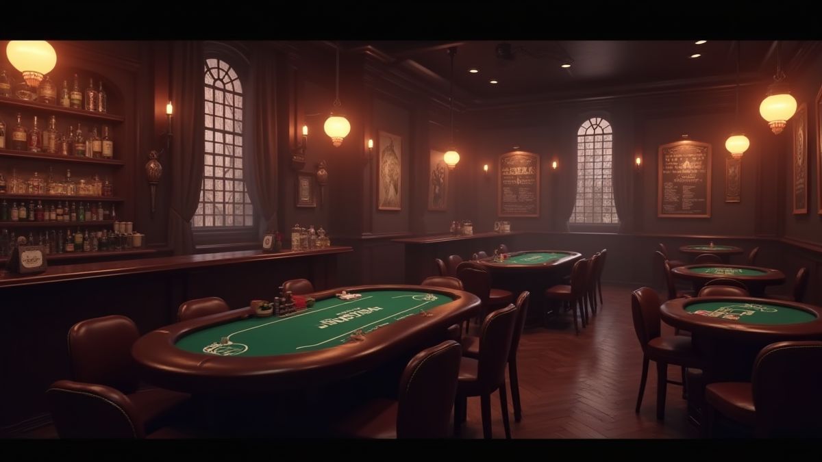 Bar gangster com mesas de pôquer e decoração vintage.
