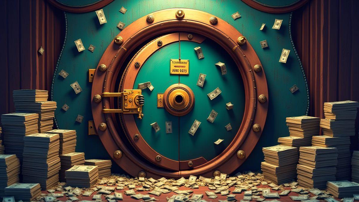 Una bóveda animada llena de dinero y objetos de valor, inspirada en el mundo de los gángsters.