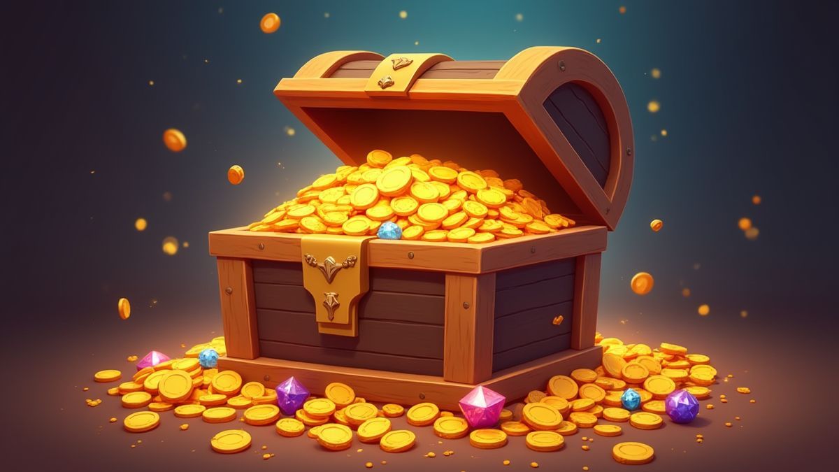 Un cofre del tesoro animado lleno de monedas de oro y joyas, representando las grandes ganancias de la tragamonedas Gangsterz.