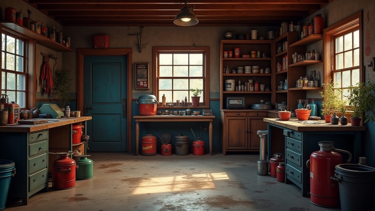 Garaje rústico con herramientas y bidones de aceite.
