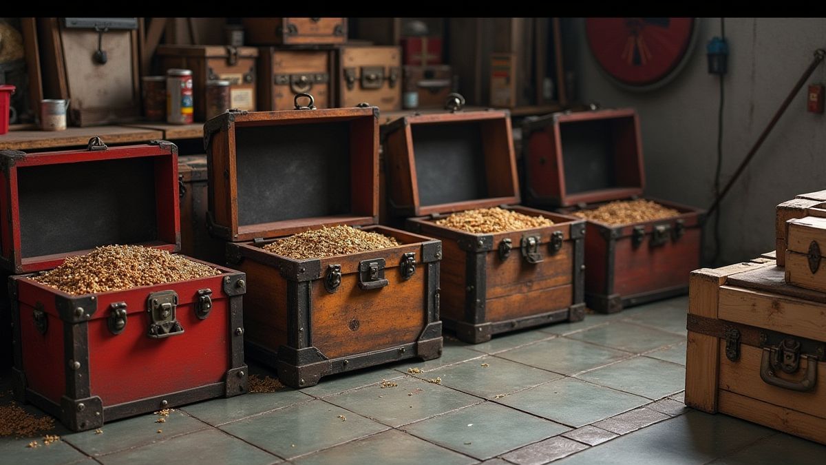 Cajas de herramientas y cajas de madera en un garaje.