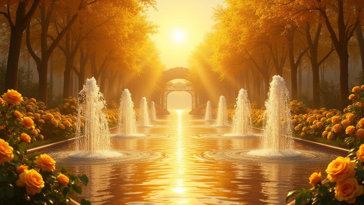 A golden garden with radiant fountains and golden roses.