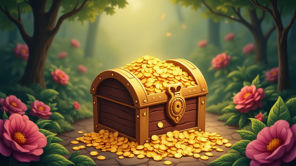 A golden jackpot chest in a magical garden.
