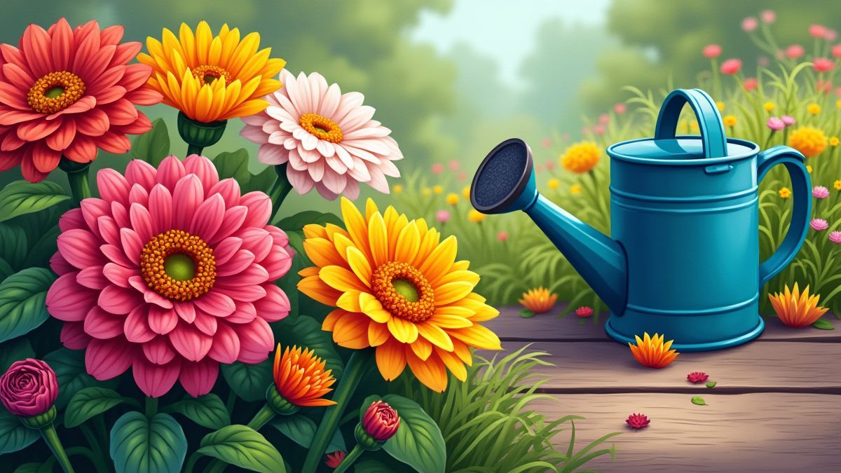 Colorful flowers and a watering can in a garden
