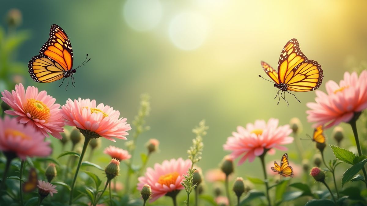 Butterflies flying among flowers in a garden