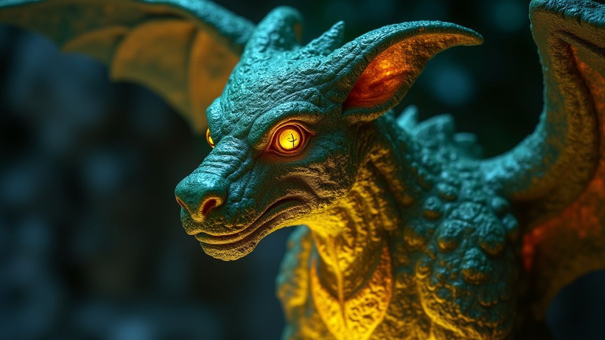 Eine leuchtende Gargoyle-Statue mit magischen Runen, die in ihre Oberfläche eingraviert sind.