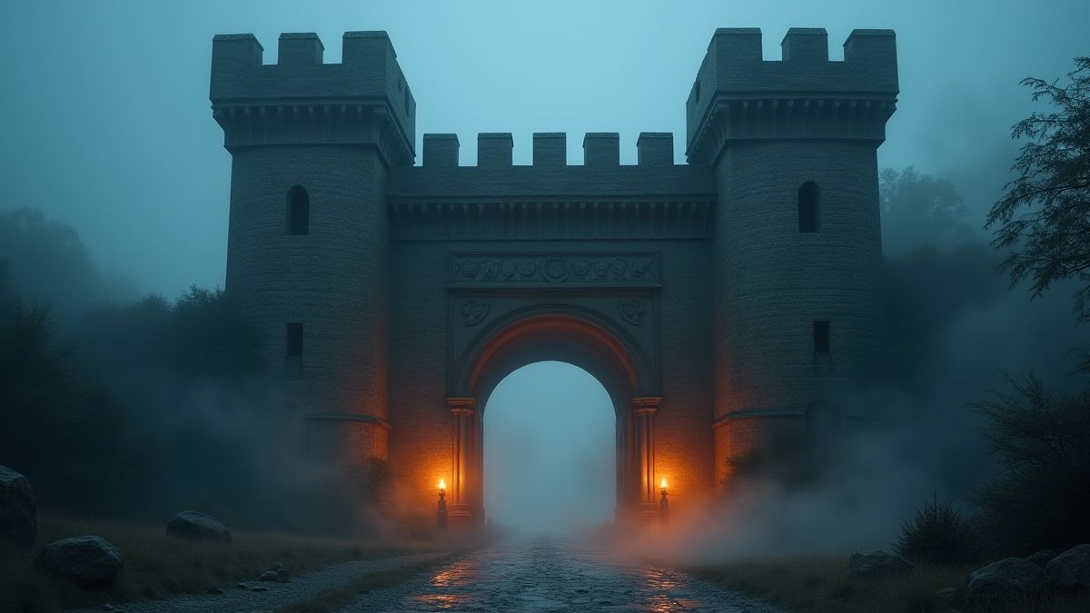 Ein antikes Burgtor mit leuchtenden Runen und einer magischen Aura.