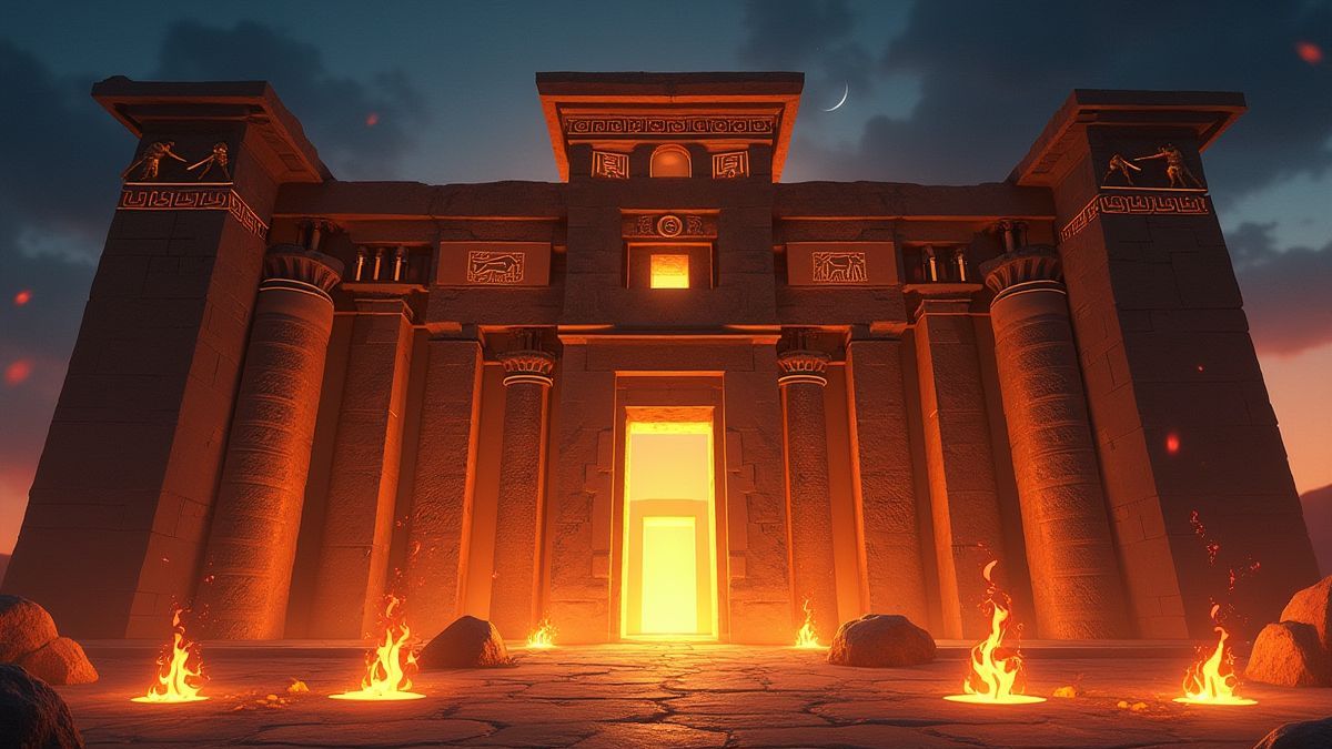Templo egipcio con jeroglíficos brillantes y antorchas encendidas.