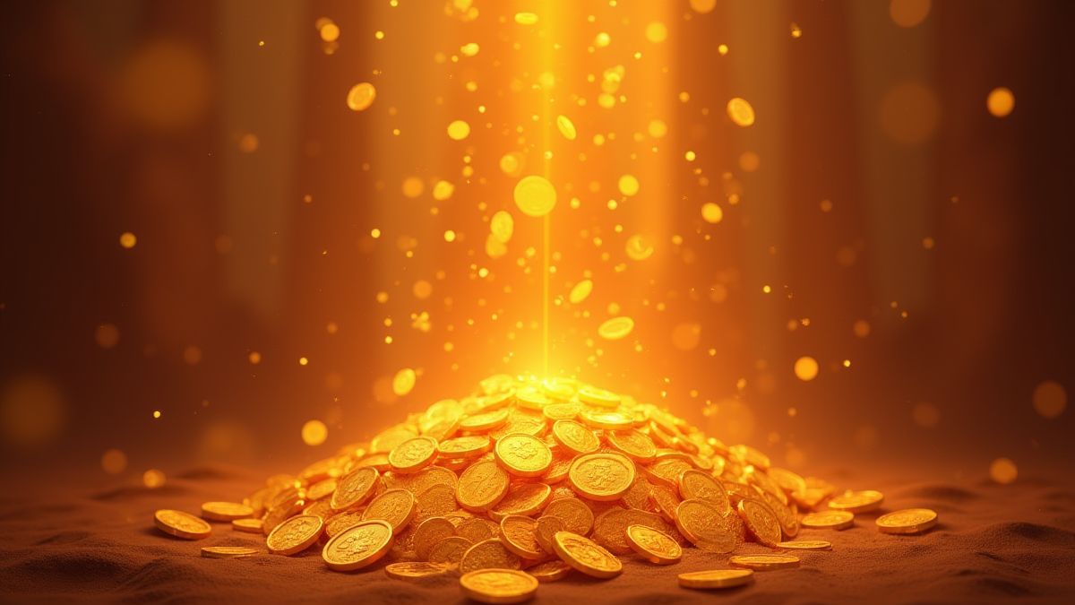 Monedas doradas cayendo en un desierto egipcio.