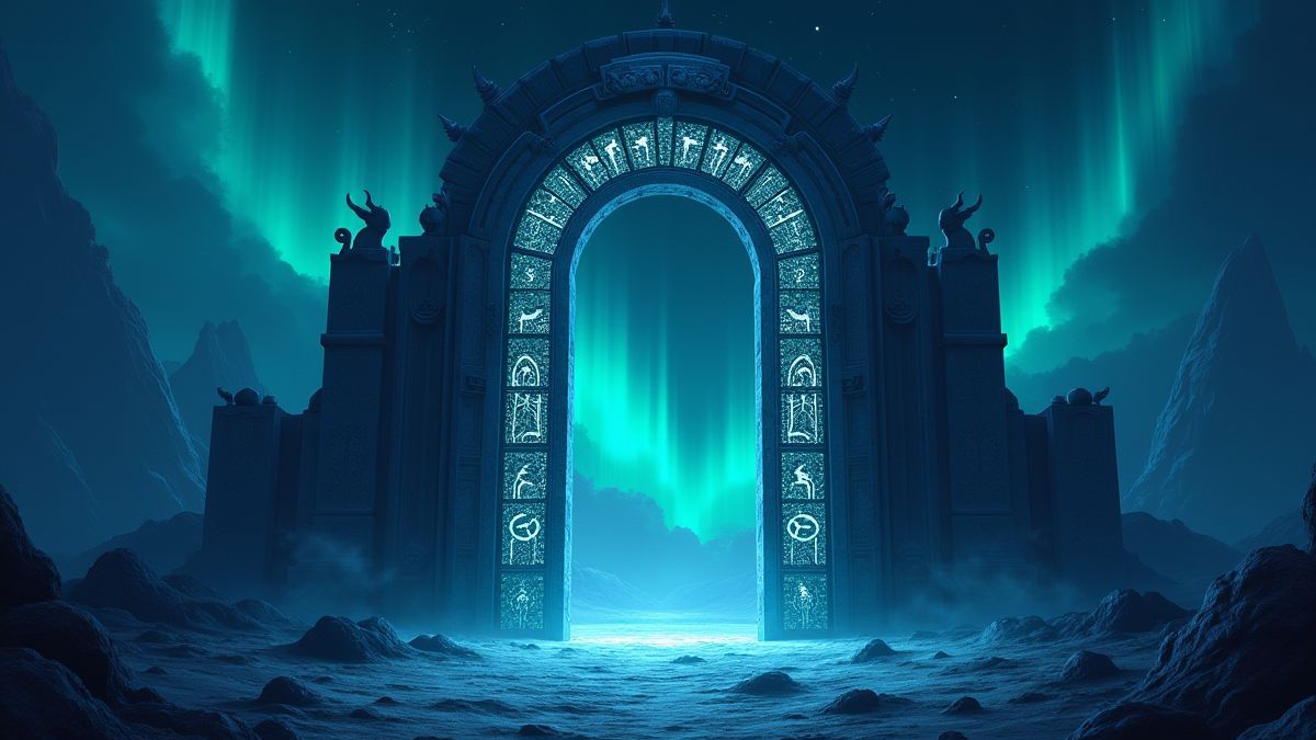 Portes d'Asgard entourées de runes brillantes et d'aurores boréales.