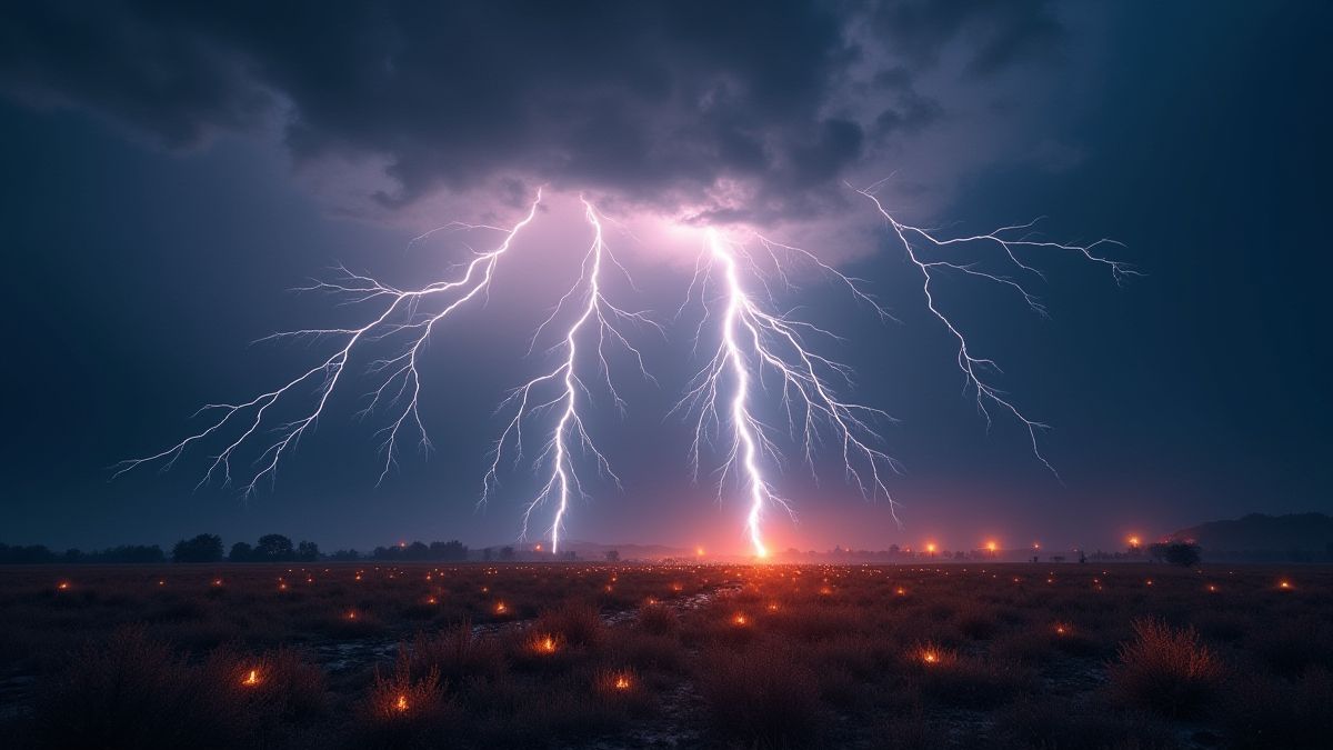 Tempête nordique avec des éclairs brillants et des braises flottantes.