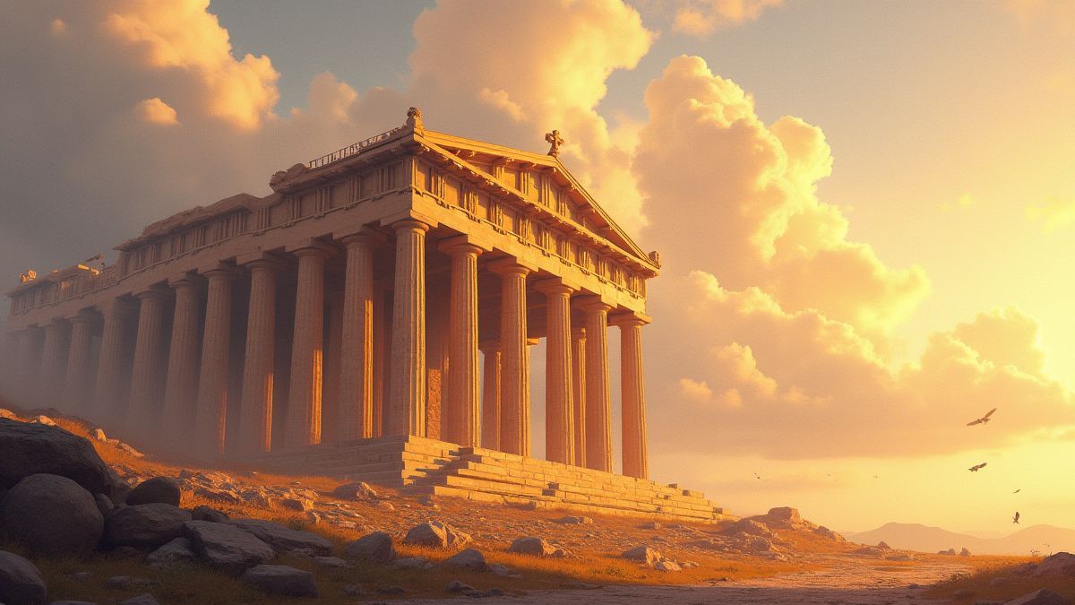 Templo griego rodeado por luz dorada y cielos nublados.