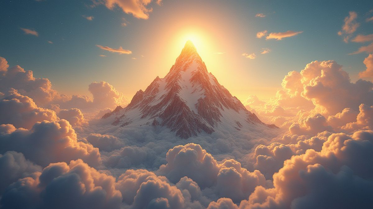 Monte Olimpo con nubes celestiales y tesoros dorados