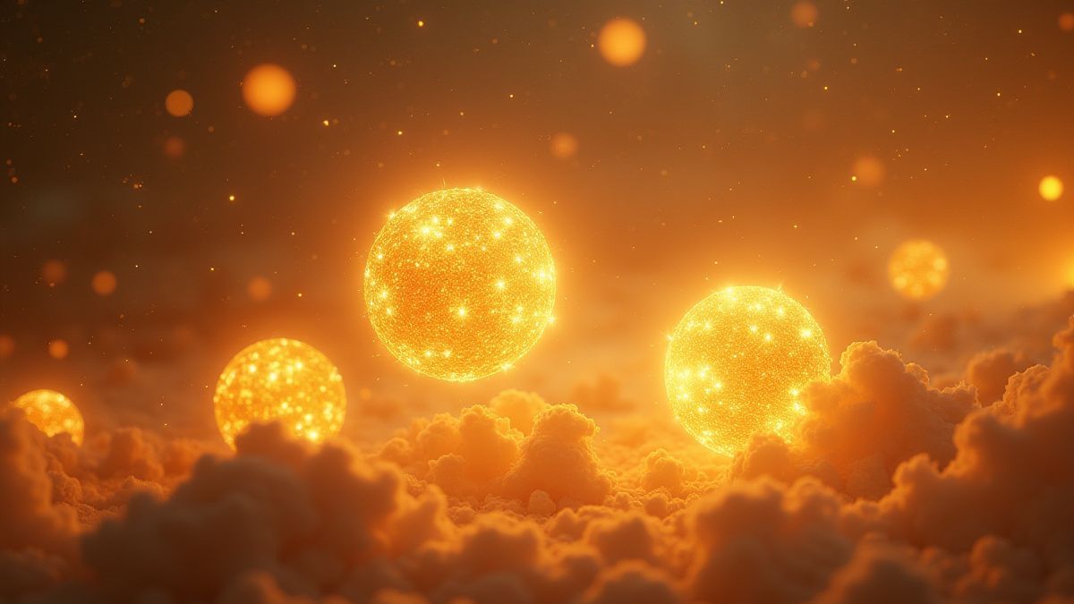 Orbes dorados flotando en el cielo con energía mágica.