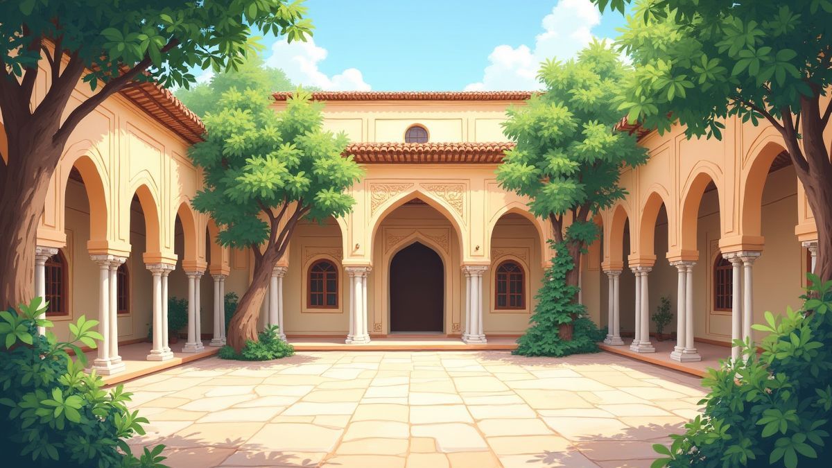 Persian courtyard with decorative columns and lush greenery