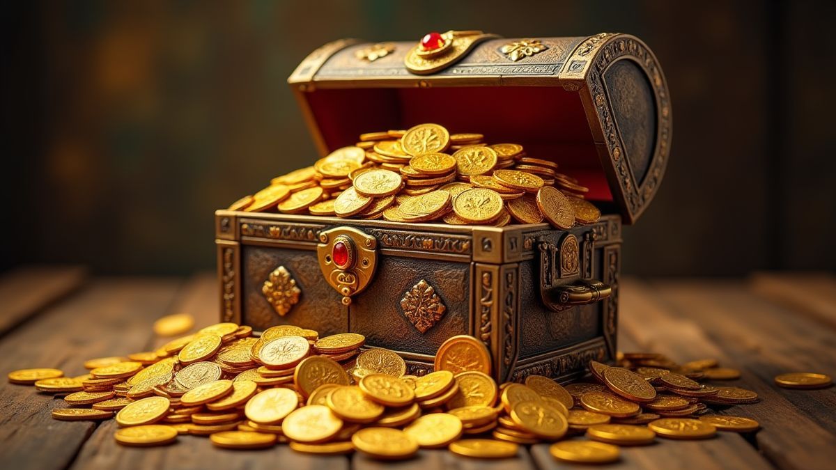 Treasure chest full of gold coins and Persian jewels