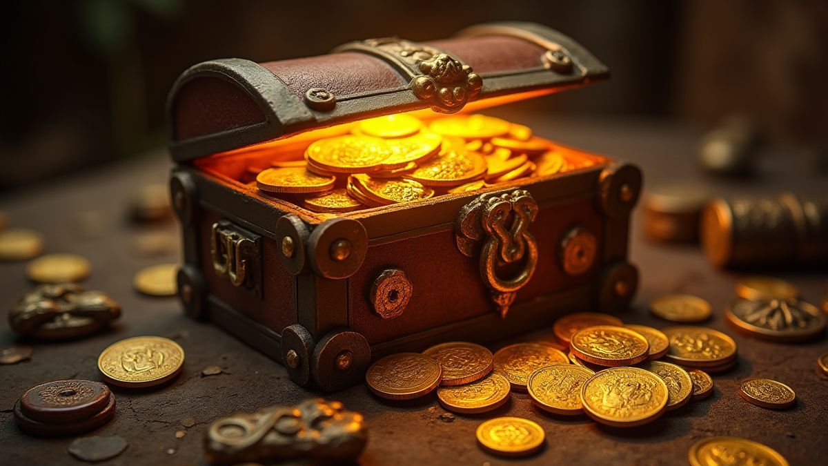 Eine Schatztruhe umgeben von goldenen Münzen und antiken Artefakten.