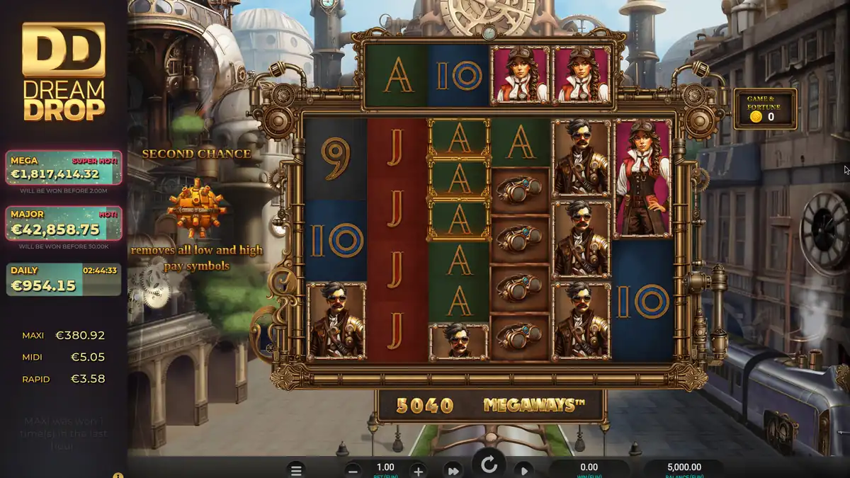 Gears of Eternia Dream Drop base game with six Megaways reels, a top reel and Dream Drop jackpot meters