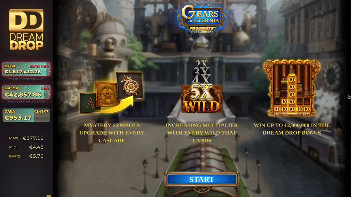 Gears of Eternia Dream Drop intro screen showing upgrading Mystery Symbols, Wild multipliers up to 5x and the Dream Drop bonus