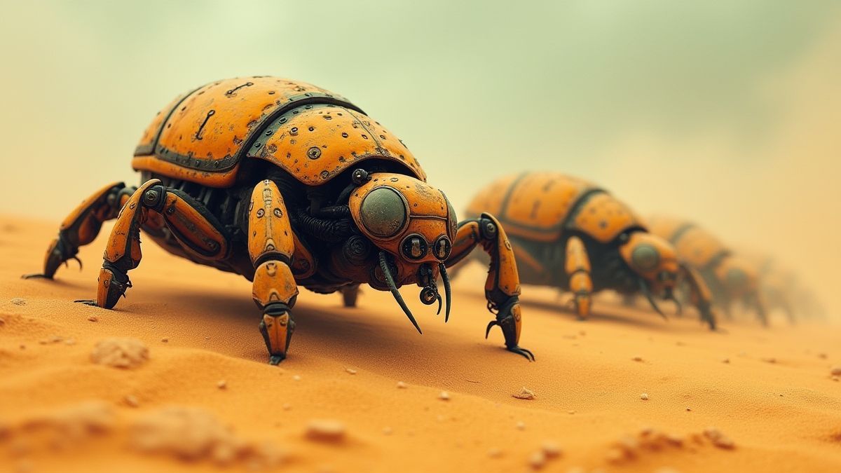 Escarabajos mecánicos sobre arena dorada bajo un cielo steampunk.