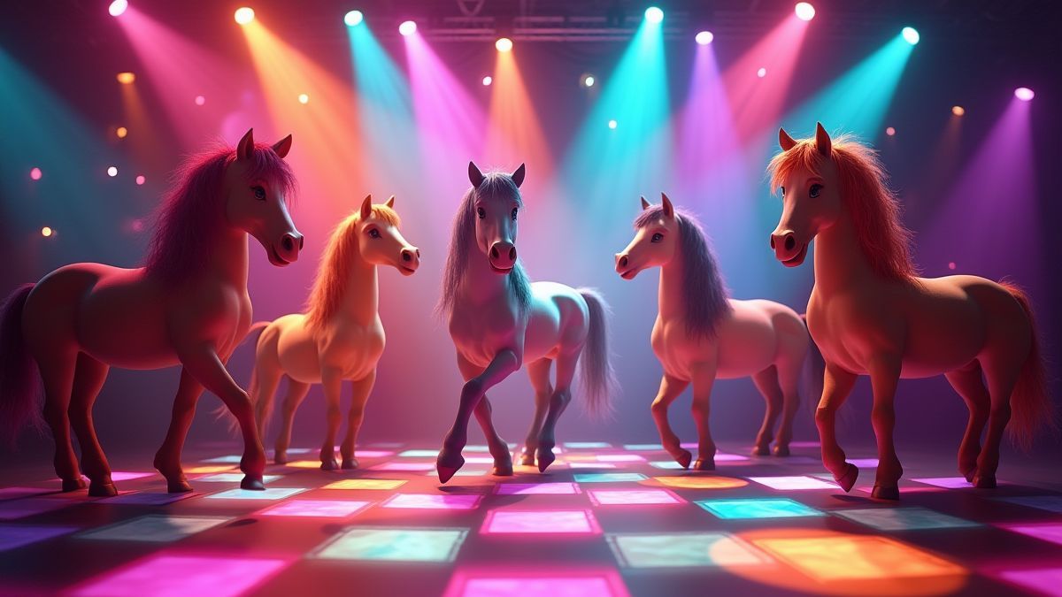 Caballos animados bailando en una pista de disco iluminada.