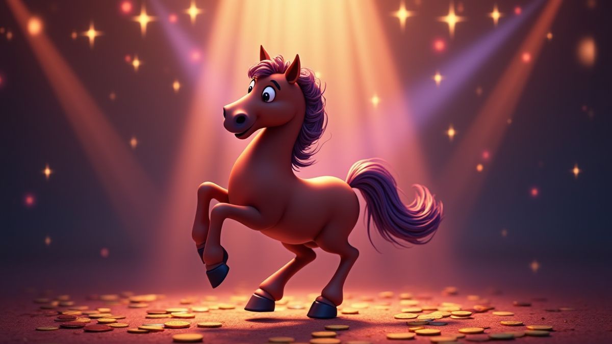 Caballo animado bailando bajo luces de disco con monedas cayendo.