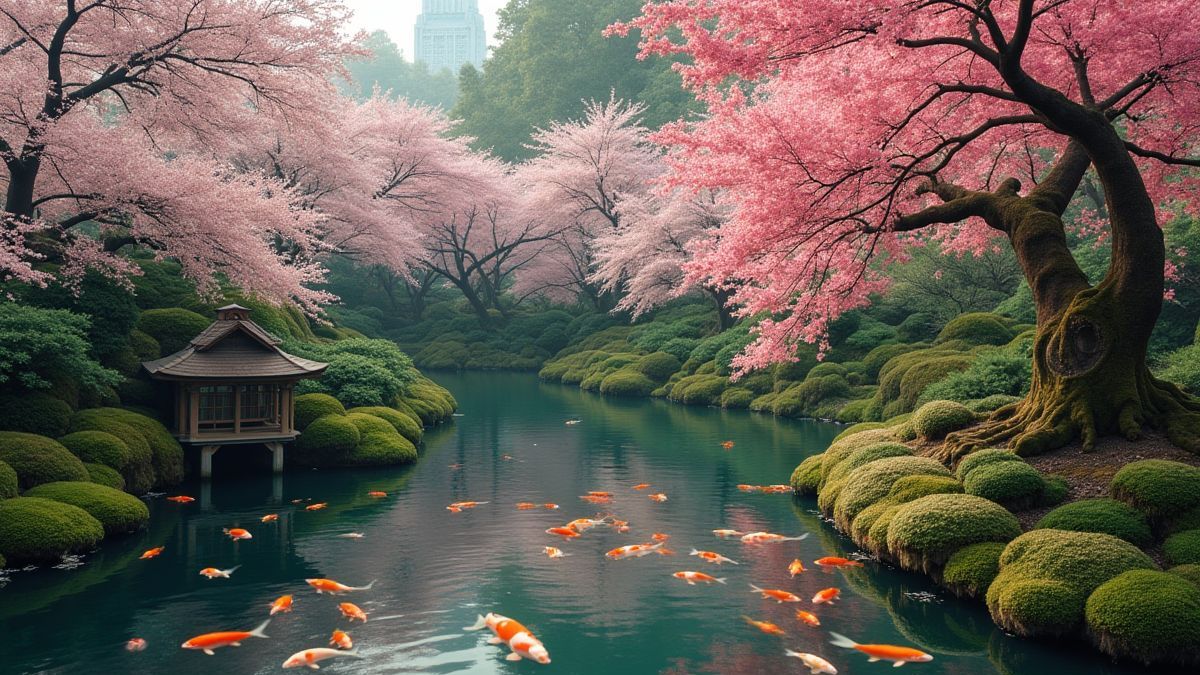 A tranquil Japanese garden with koi fish and cherry blossoms.