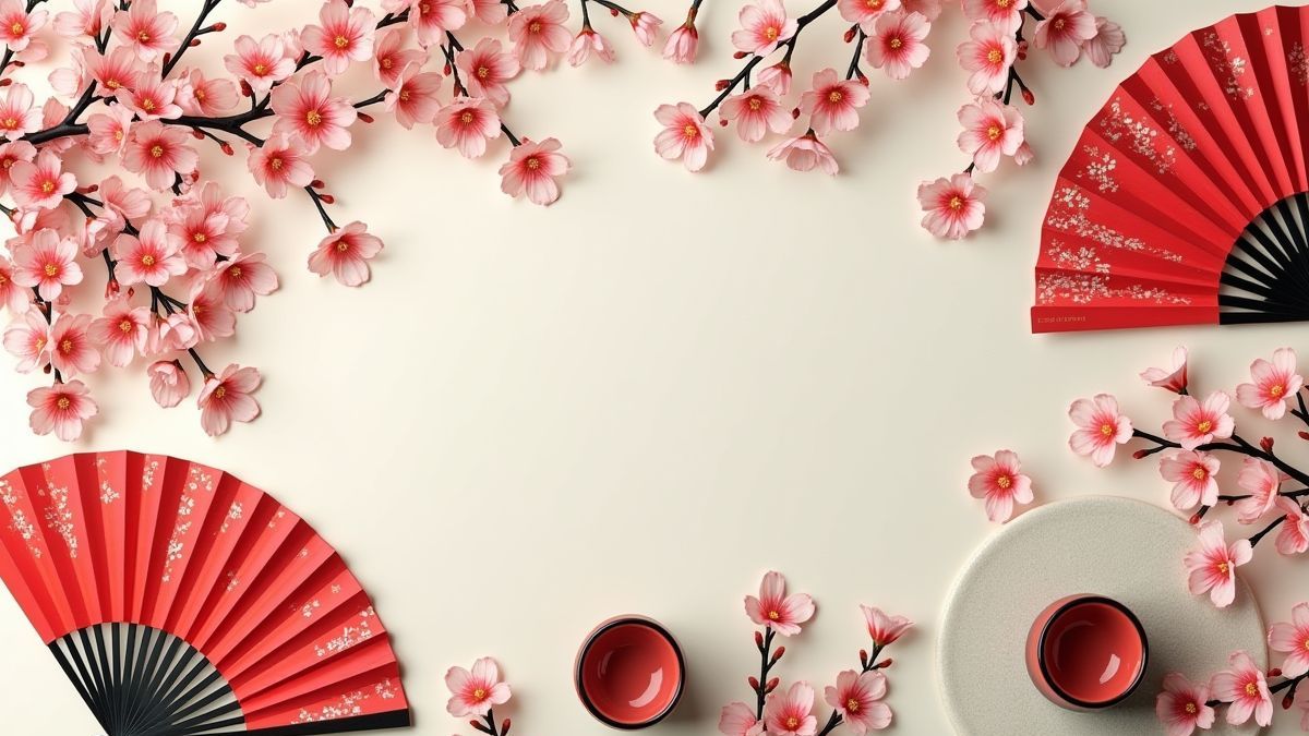 Japanese cultural items such as fans and cherry blossoms.