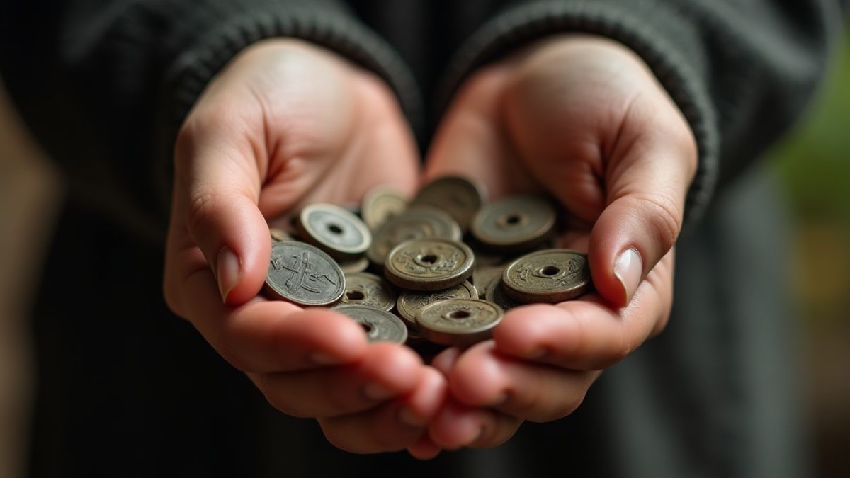 Hands holding traditional Japanese coins.