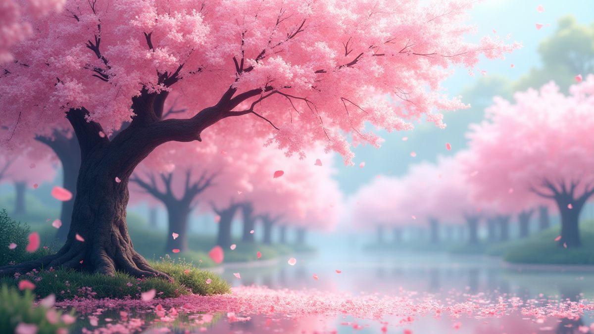 Un cerezo japonés en flor con pétalos cayendo en un tranquilo jardín.
