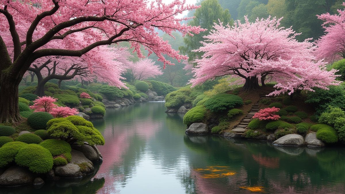 Ein japanischer Garten mit Kirschblüten und einem Koi-Teich.