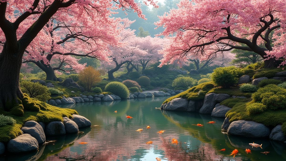 Un jardin japonais avec fleurs de cerisier et étang de poissons koi.