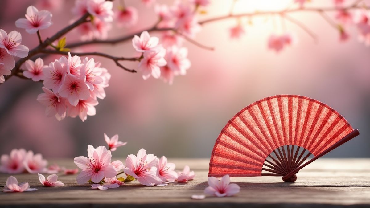 Un éventail japonais entouré de fleurs de cerisier.