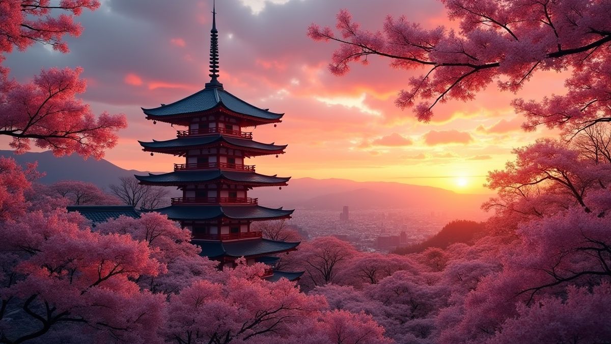 Een Japanse tempel omringd door kersenbloesems bij zonsondergang.
